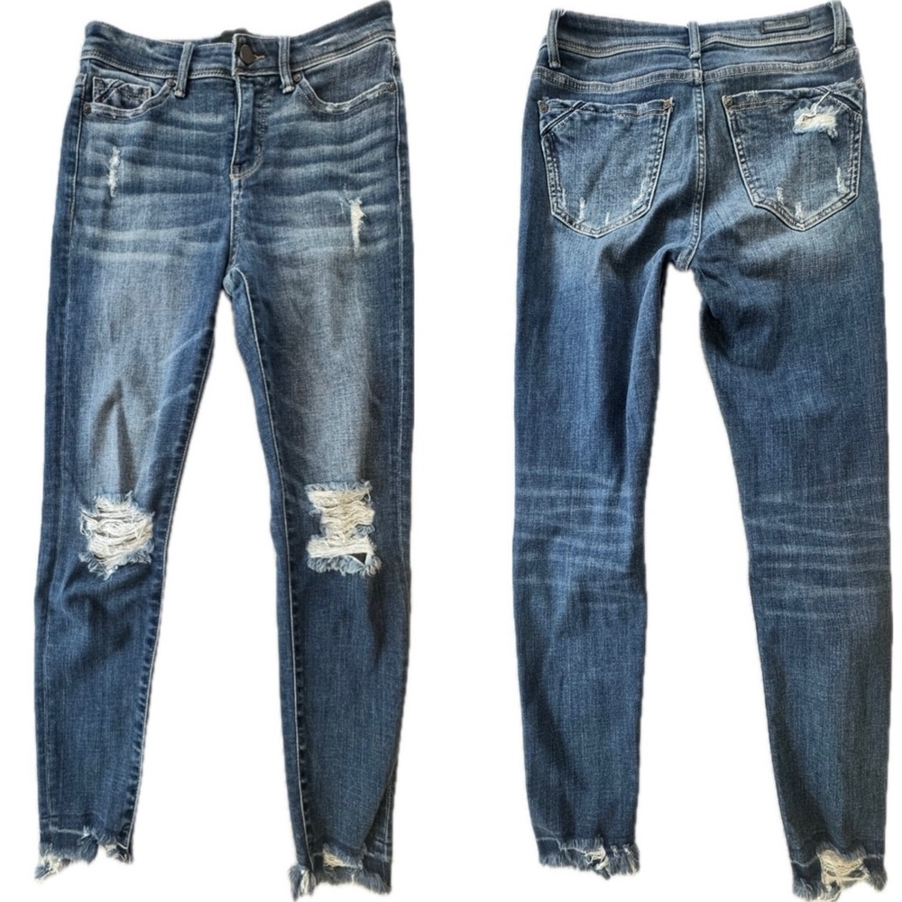 Buckle Black Curvy Ankle Skinny Jeans Stretch Denim Distressed Fray 27